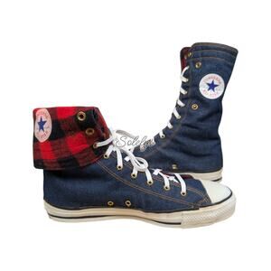 Converse 1987 Vtg NeeHi Calf High XHI USA Made Denim Fold Plaid Sneaker Mens 11